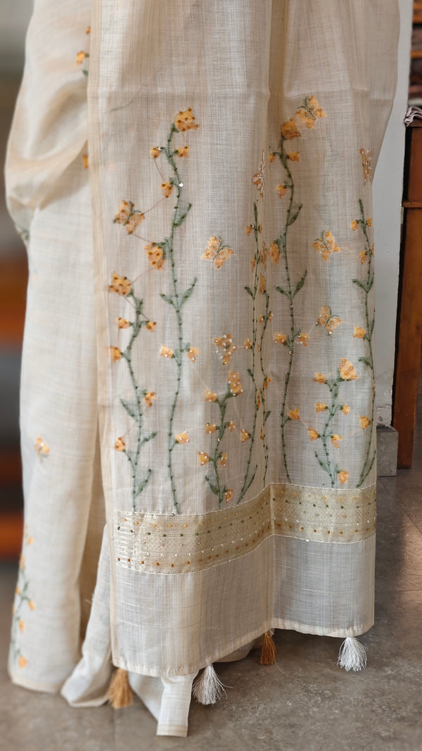 Light Beige and mustard Linen chanderi saree - X32
