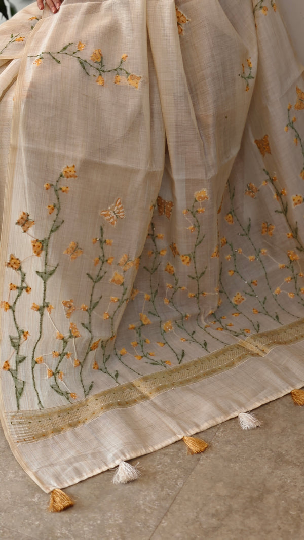 Light Beige and mustard Linen chanderi saree - X32