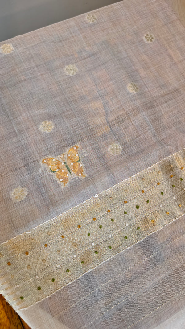 Light Beige and mustard Linen chanderi saree - X32