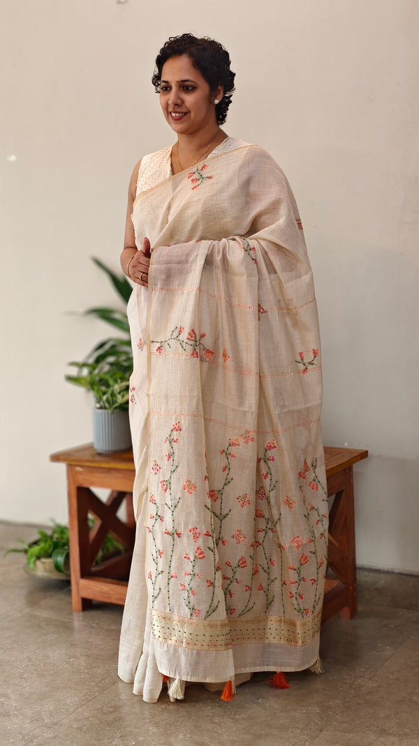 Light beige and Peach linen chanderi saree - X32