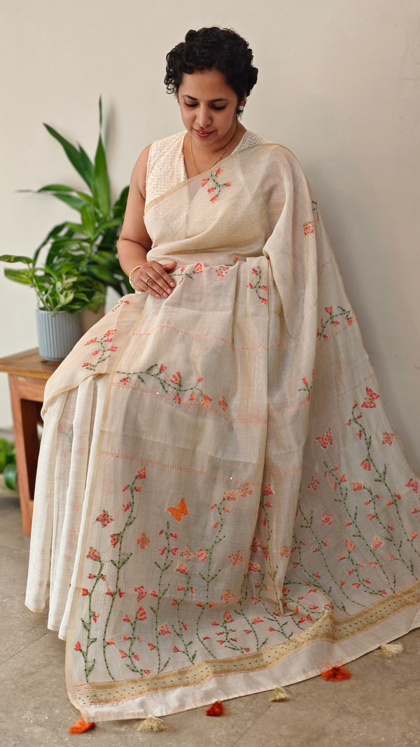 Light beige and Peach linen chanderi saree - X32