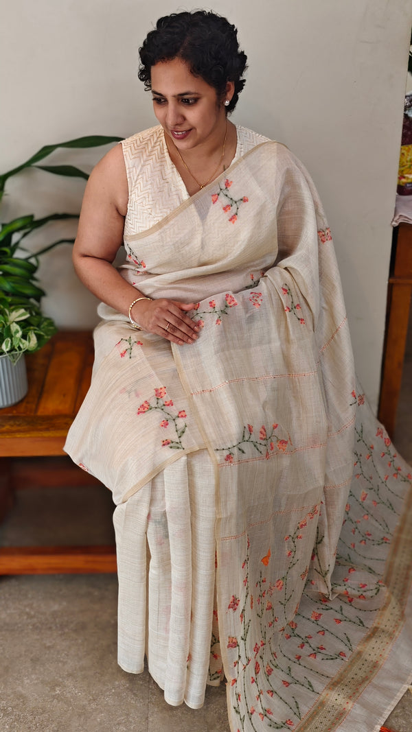 Light beige and Peach linen chanderi saree - X32