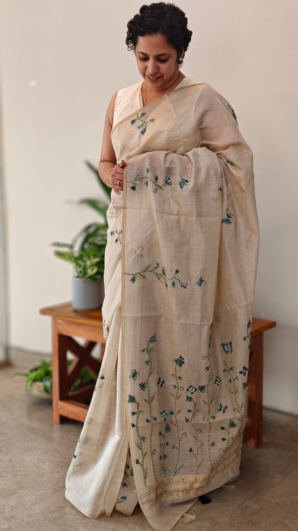 Light beige and Teal linen chanderi saree - X32