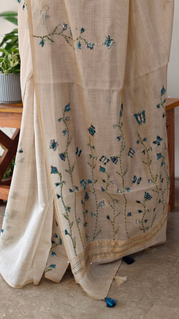 Light beige and Teal linen chanderi saree - X32