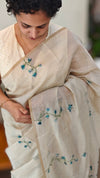 Light beige and Teal linen chanderi saree - X32