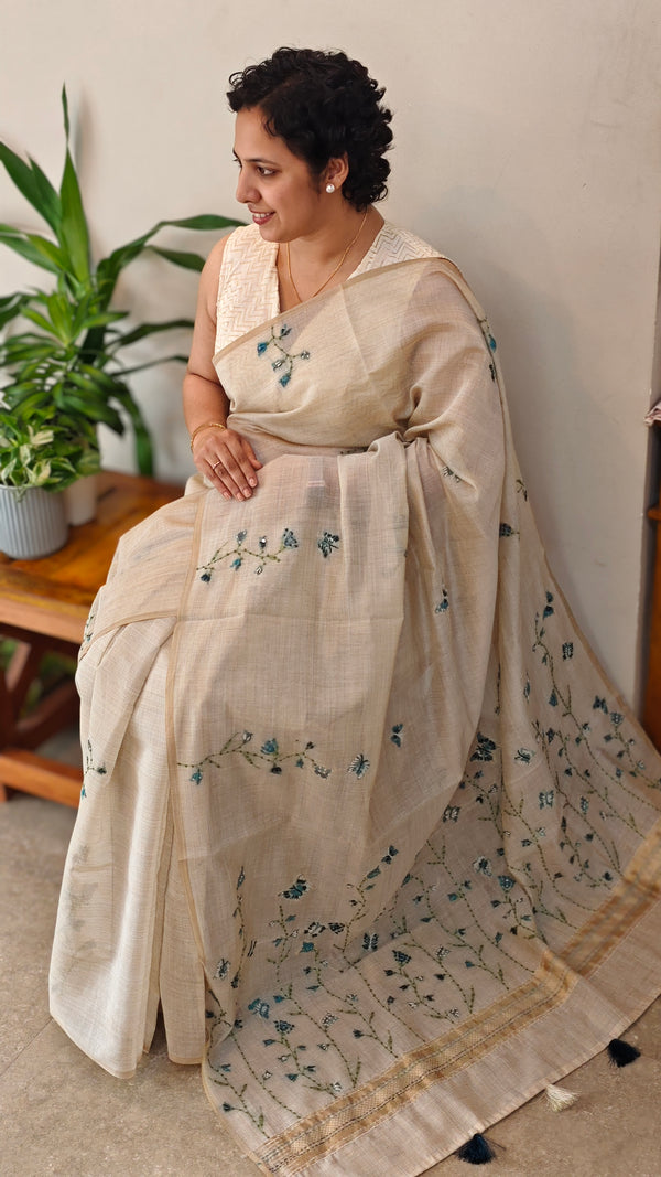 Light beige and Teal linen chanderi saree - X32