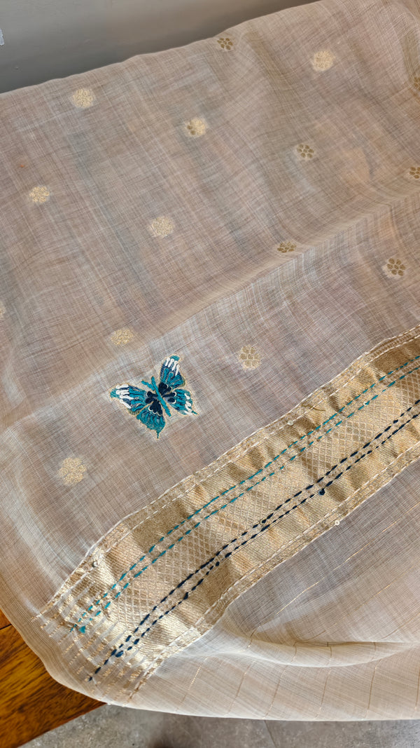Light beige and Teal linen chanderi saree - X32