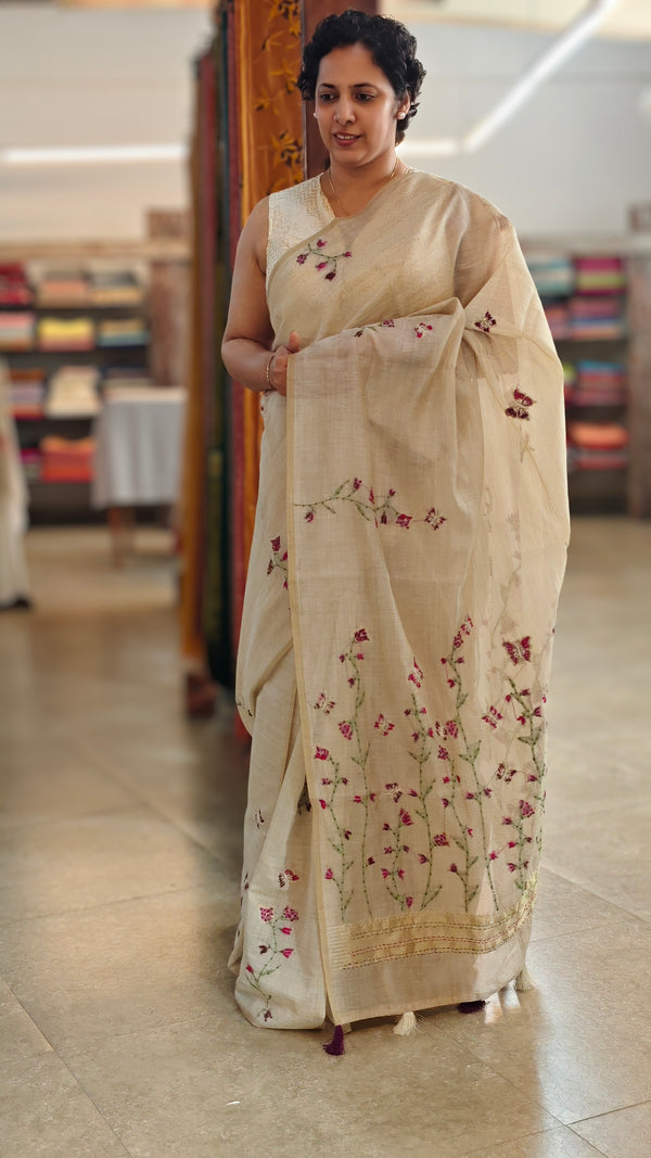 Light Beige and Dark pink linen chanderi saree - X32