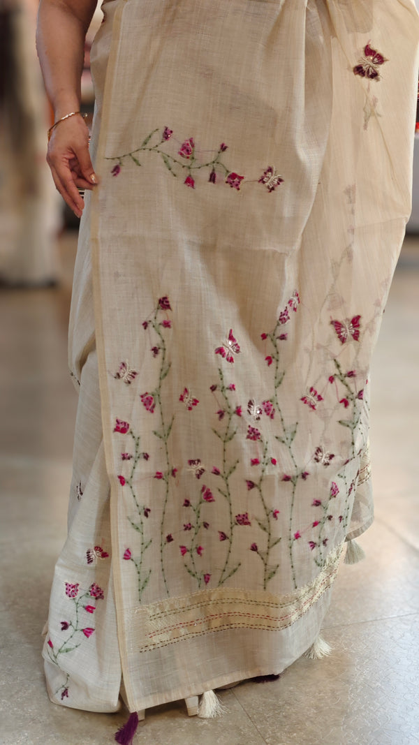 Light Beige and Dark pink linen chanderi saree - X32