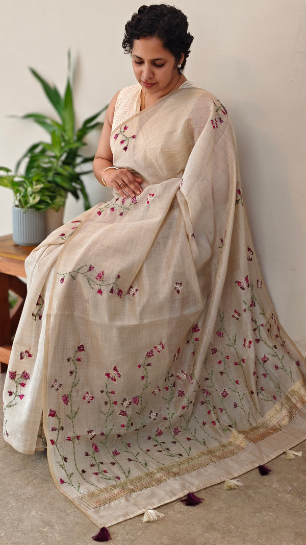 Light Beige and Dark pink linen chanderi saree - X32
