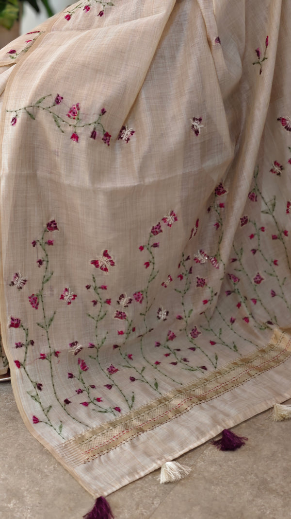 Light Beige and Dark pink linen chanderi saree - X32