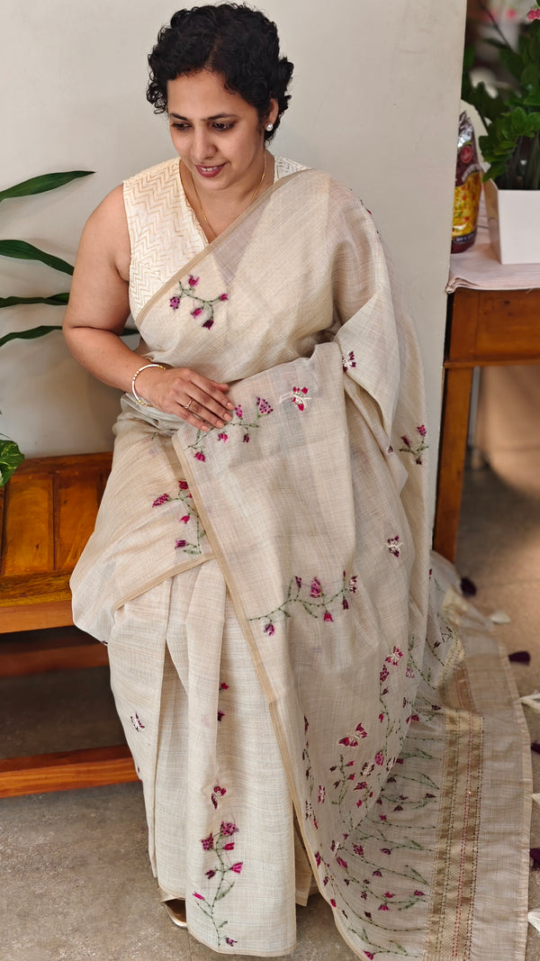 Light Beige and Dark pink linen chanderi saree - X32