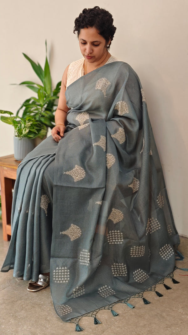 Agean Blue embroidered net kota saree