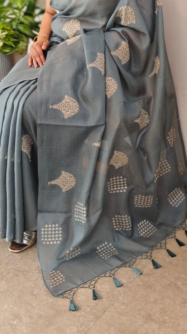 Agean Blue embroidered net kota saree