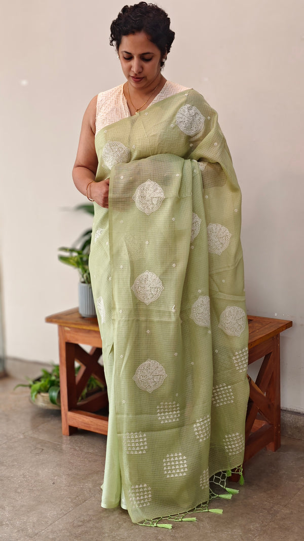 Pista Green embroidered net kota saree