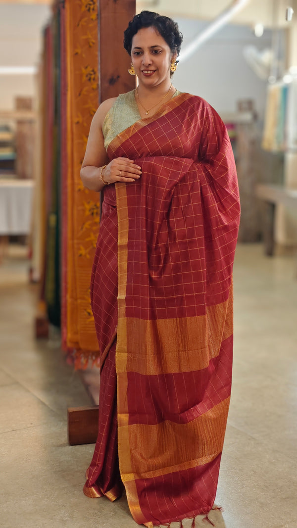 Maroon checked bagalpuri silk saree - BPR3