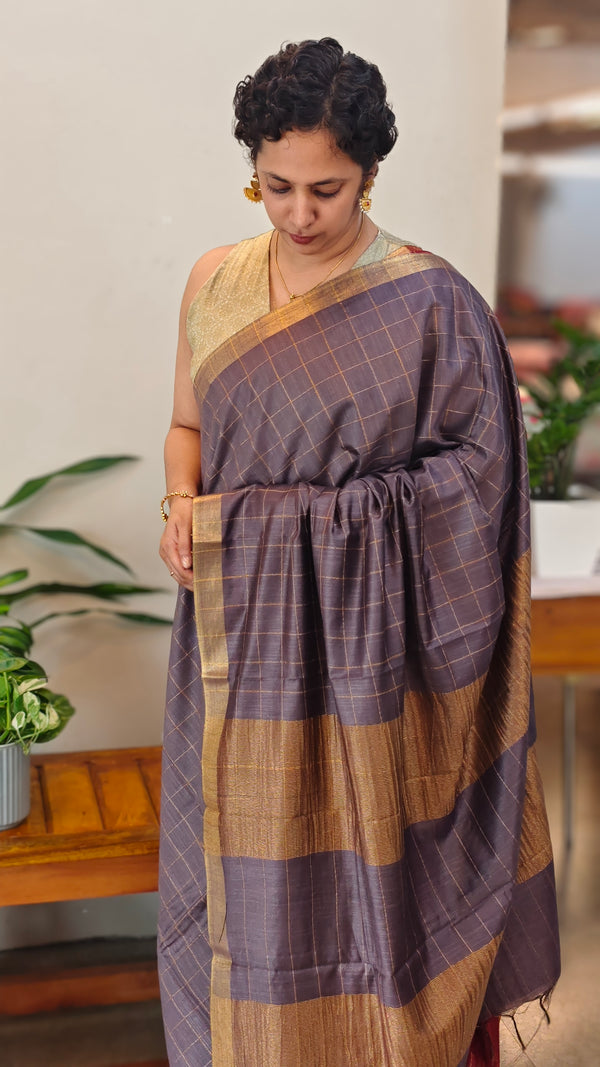 Dark grey checked bagalpuri silk saree - BPR3
