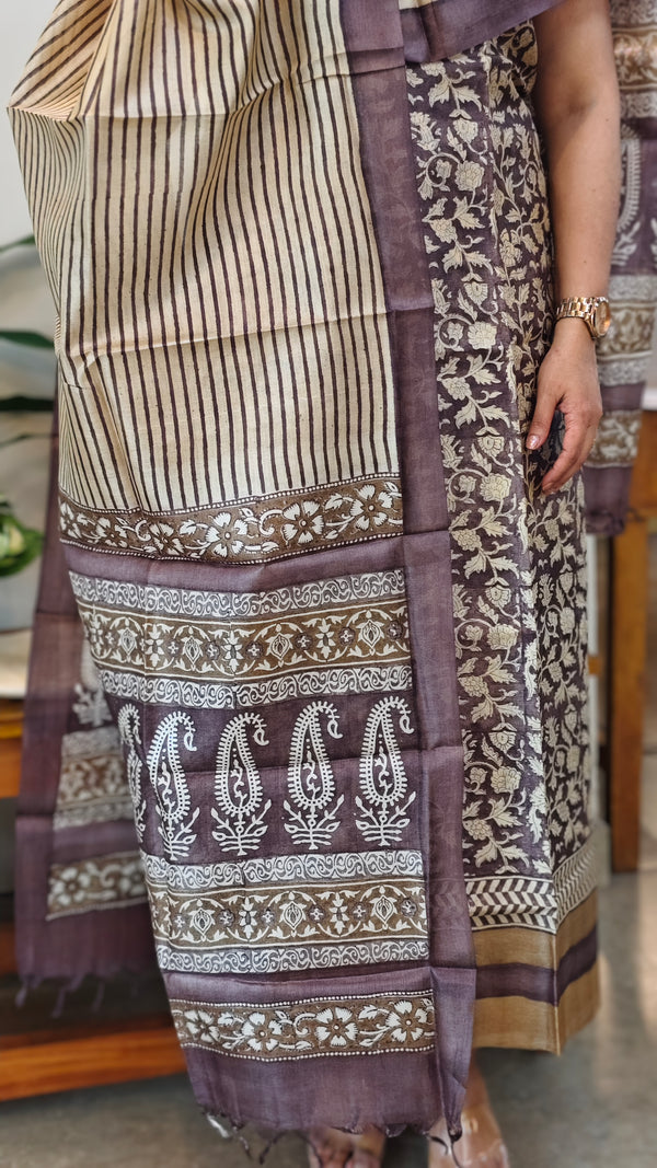 Dark mauve and off white printed tussar silk suit