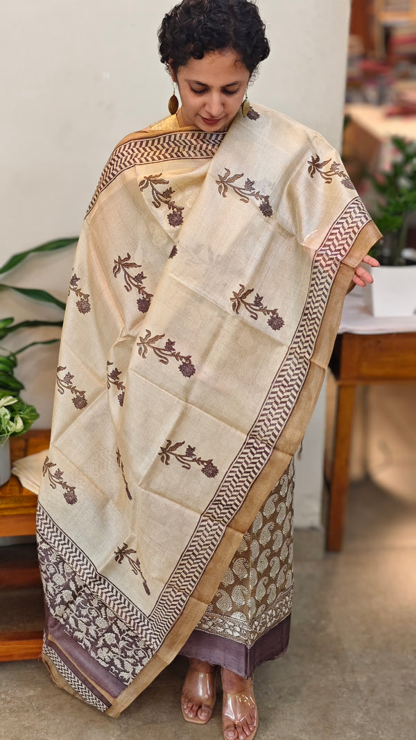 Dark beige and off white printed tussar silk suit