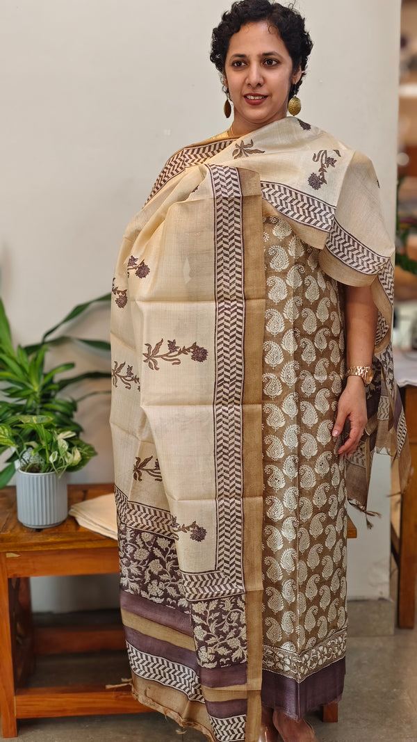 Dark beige and off white printed tussar silk suit