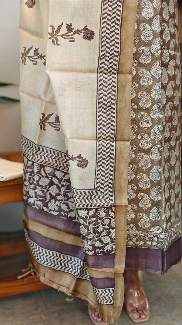 Dark beige and off white printed tussar silk suit