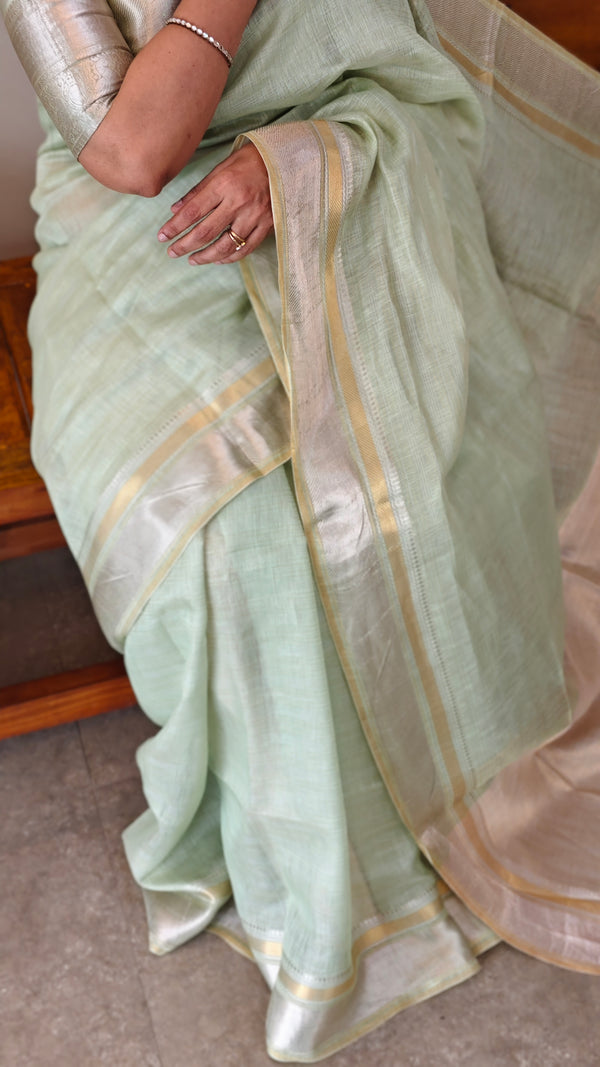 Mint green linen silk saree - DR42