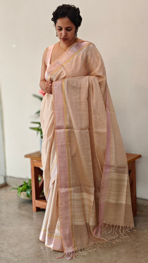 Rosy beige linen saree - DR42