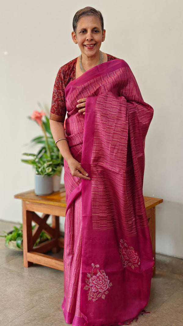 Dark pink lined noil tussar with cross stitch embroidery - S122