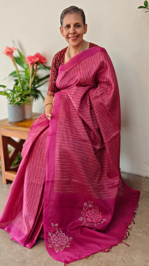 Dark pink lined noil tussar with cross stitch embroidery - S122