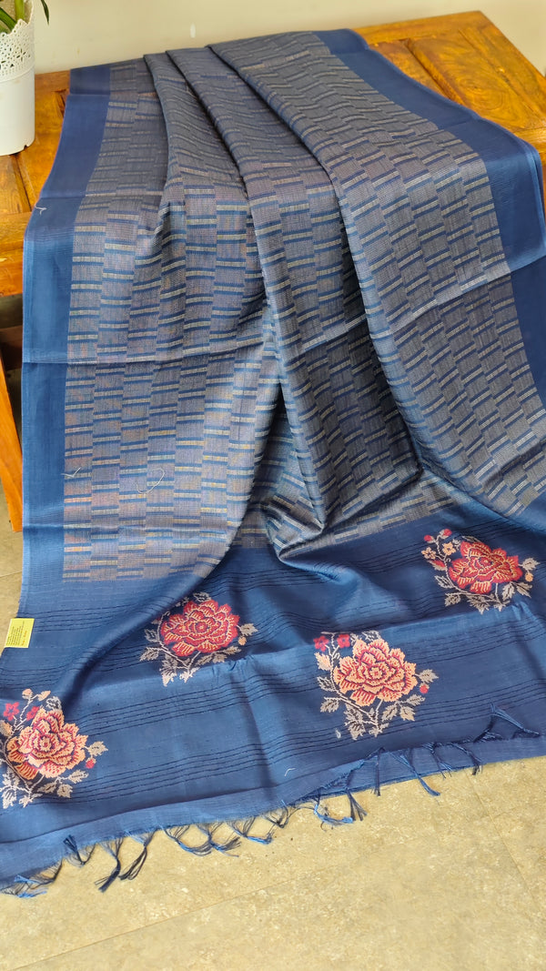 Classic blue lined noil tussar saree - S122