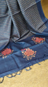 Classic blue lined noil tussar saree - S122