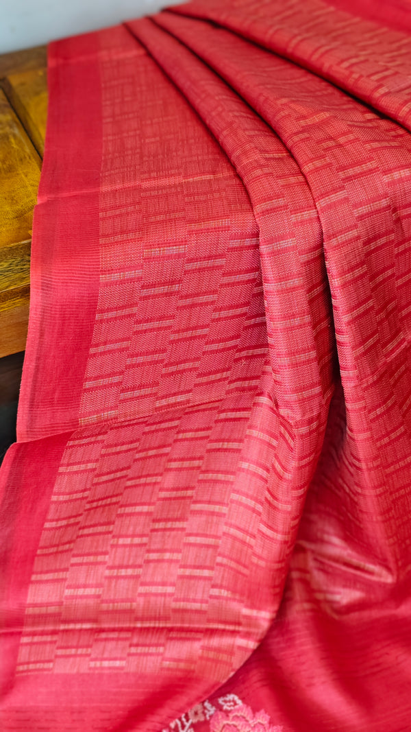 Red lined noil tussar silk saree - S122