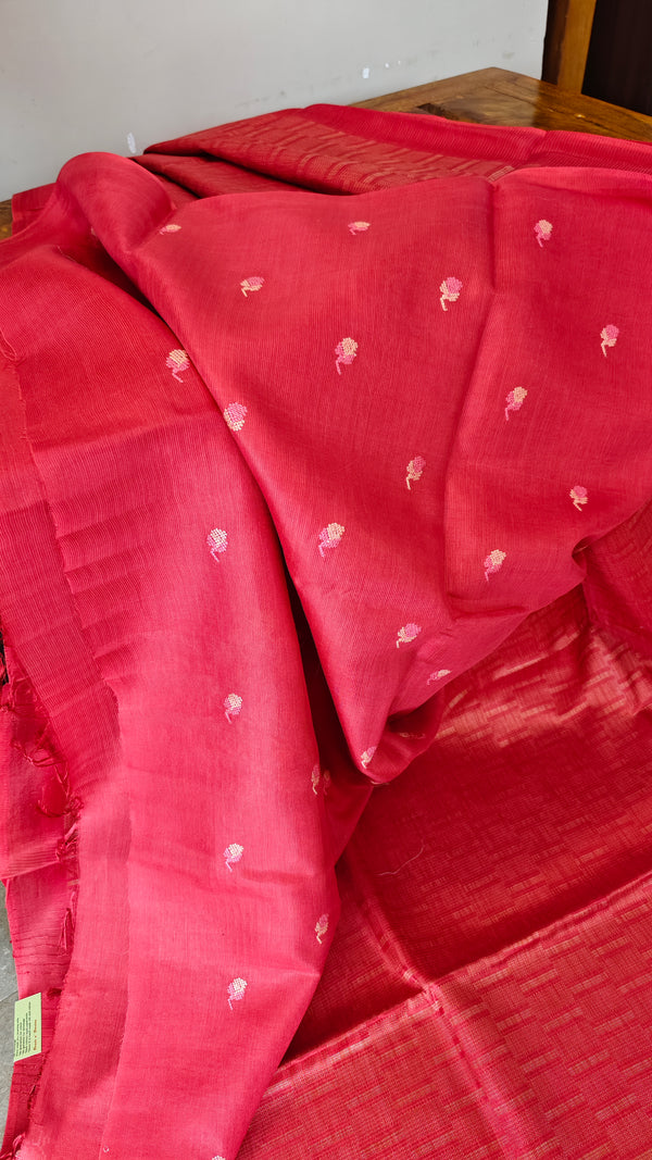 Red lined noil tussar silk saree - S122