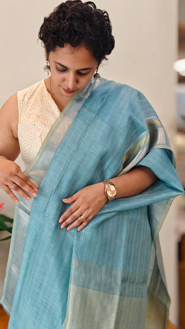 Aegean blue linen silk saree - DR42