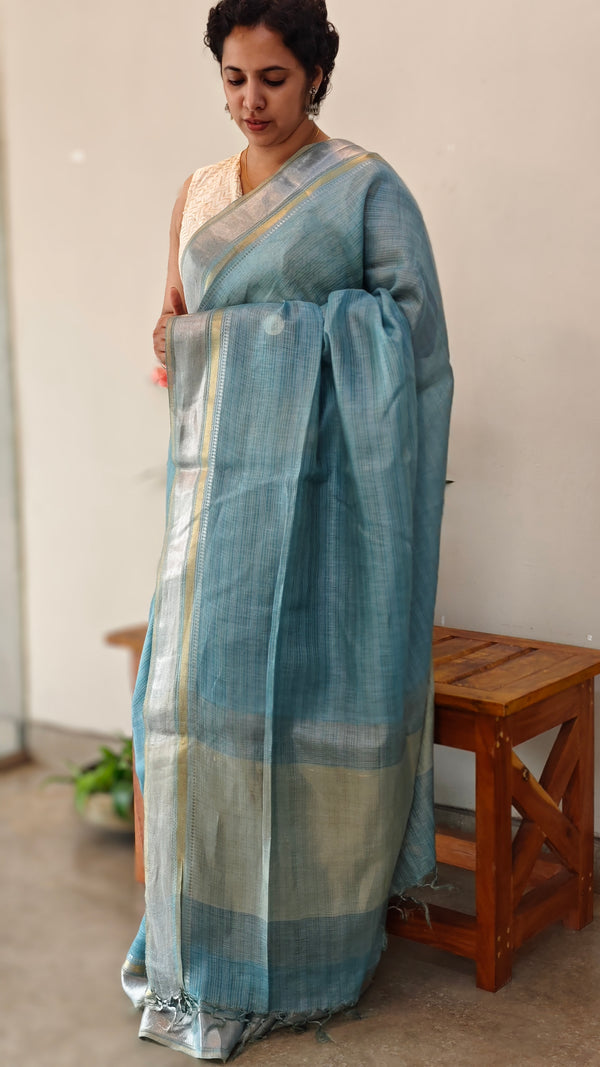 Aegean blue linen silk saree - DR42