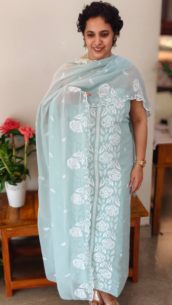 Aqua blue embroidered georgette suit - CM35