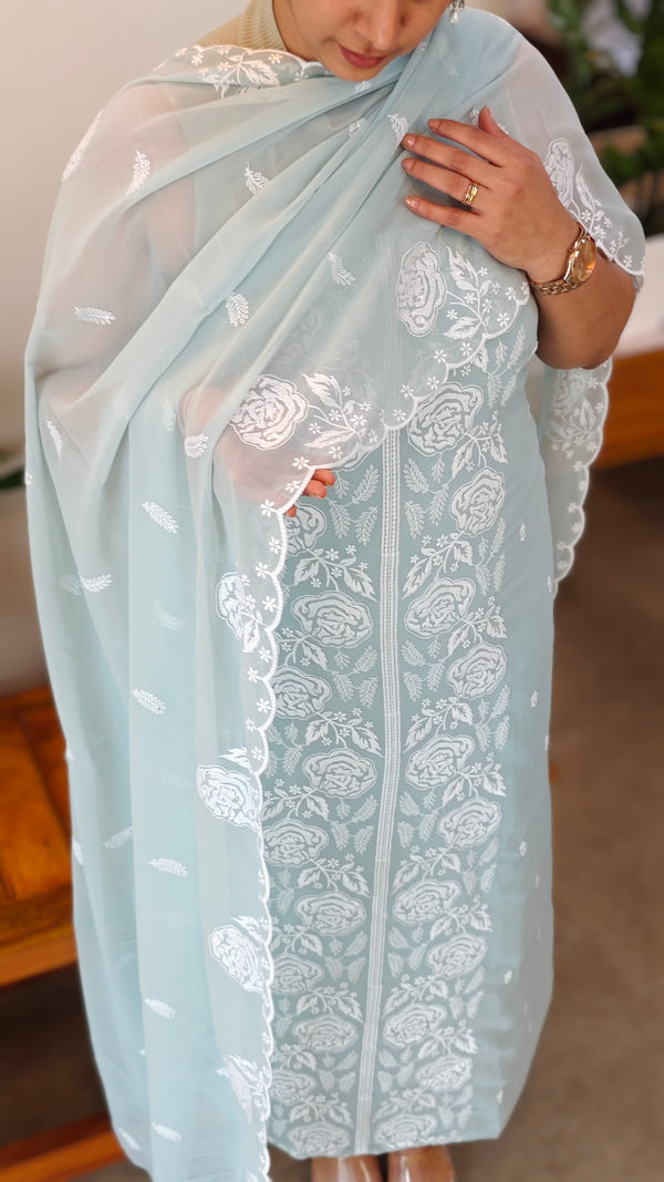 Aqua blue embroidered georgette suit - CM35