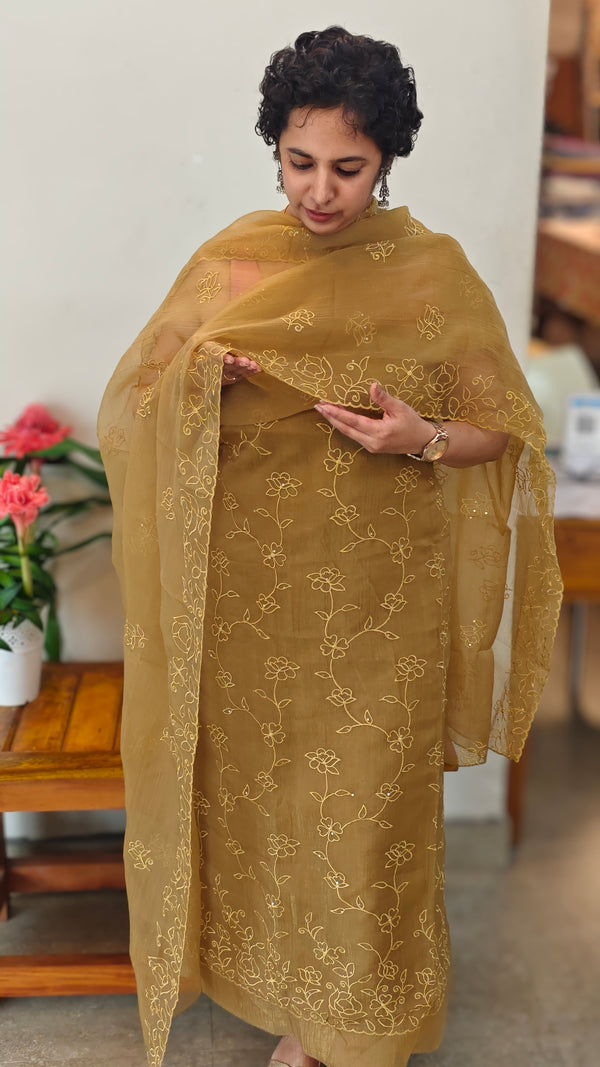 Dusty Mustard Crushed Organza Embroidered Suit - LMC18