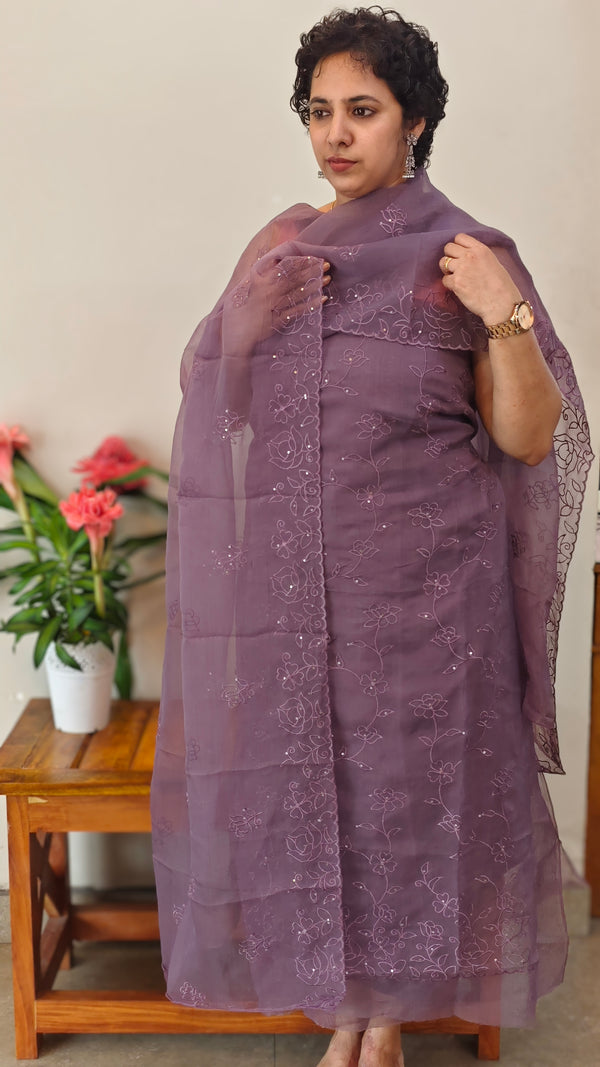 Dusty Lavender Crushed Organza Embroidered Suit - LMC18