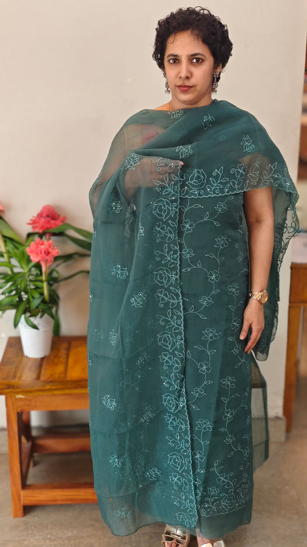 Turquoise Crushed Organza Embroidered Suit - LMC18