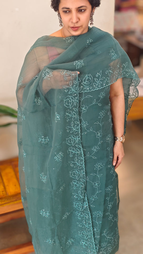 Turquoise Crushed Organza Embroidered Suit - LMC18