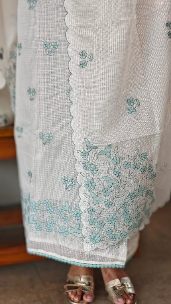 Off white and teal applique net kota suit