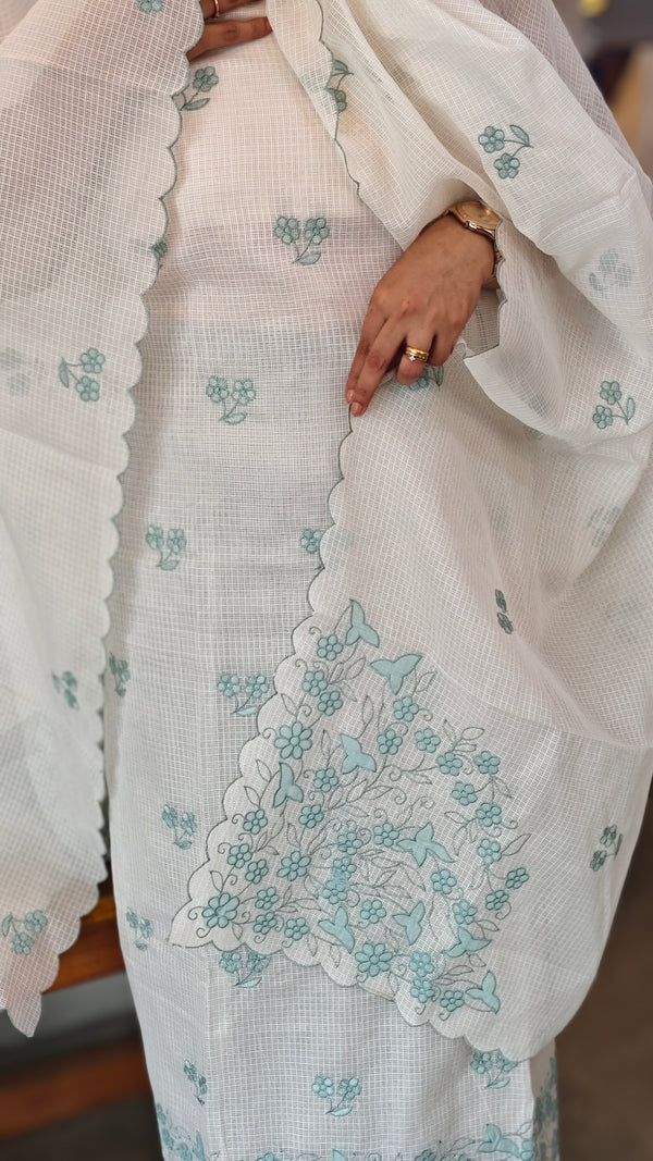 Off white and teal applique net kota suit