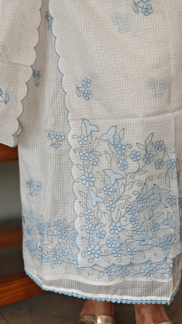 Off White and powder blue Applique net kota suit