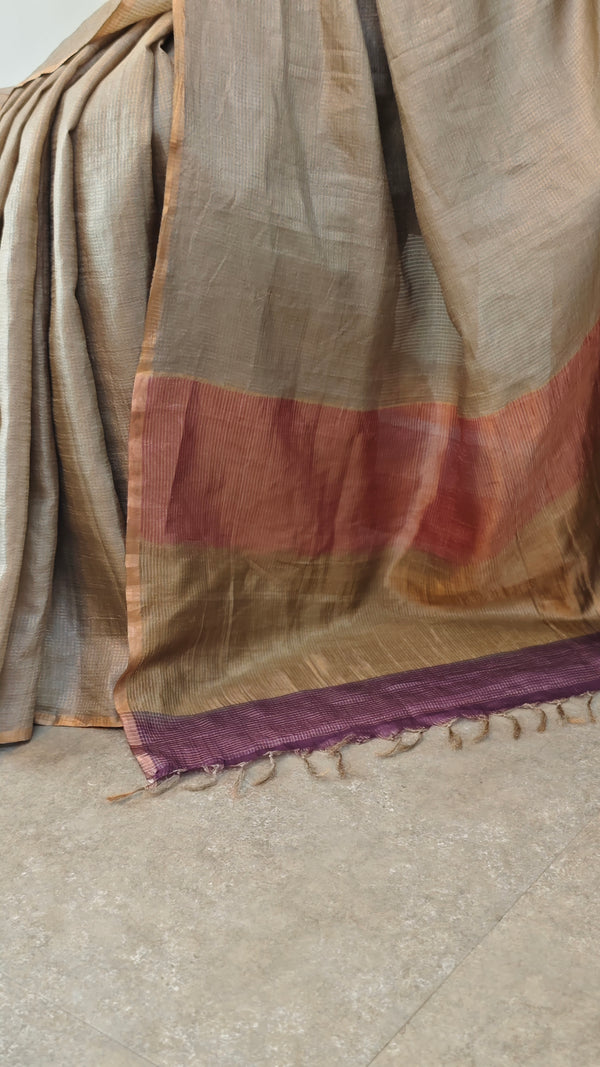 Slate Grey checked tussar silk saree - 25RP