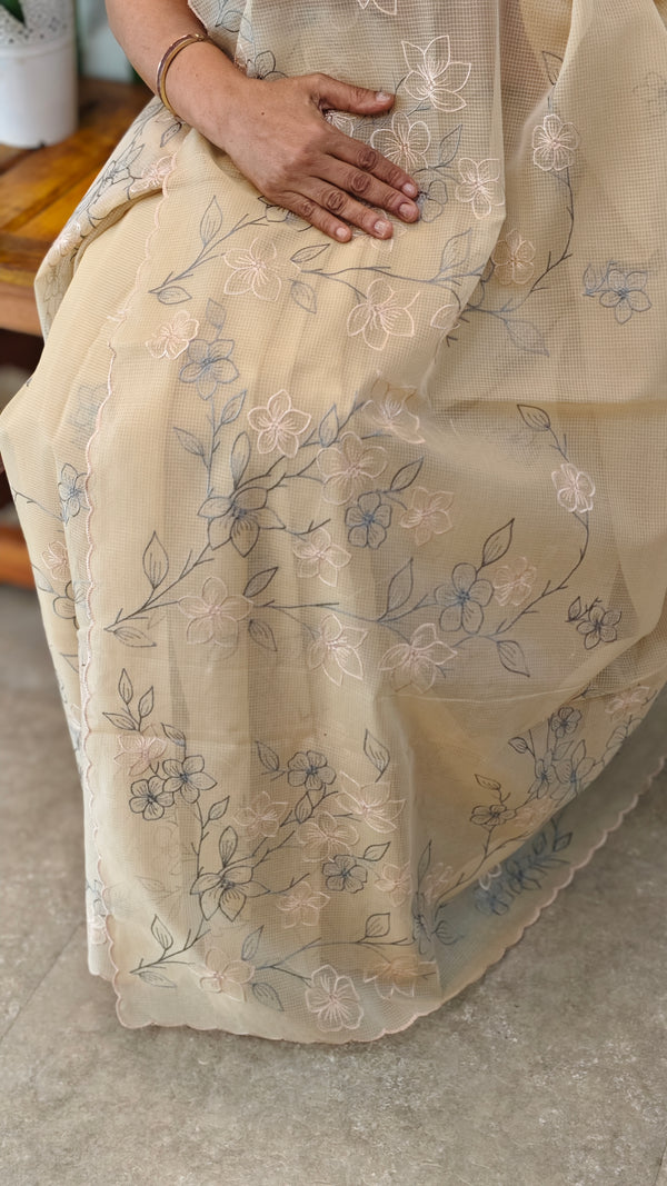 Beige embroidered net kota saree - WQ80
