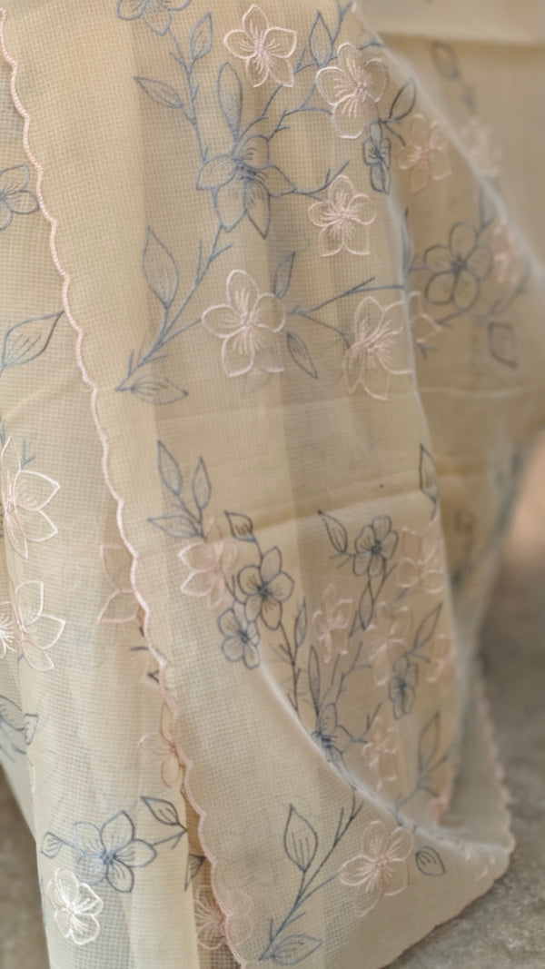 Beige embroidered net kota saree - WQ80