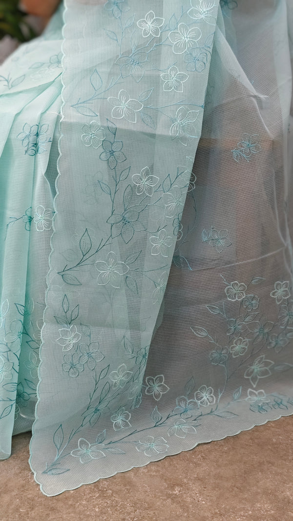 Teal blue embroidered net kota saree - WQ80