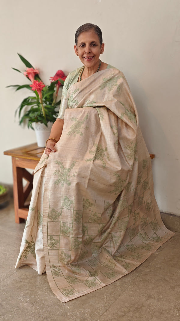 Beige and pista green pure handloom desi tussar silk saree - 692T