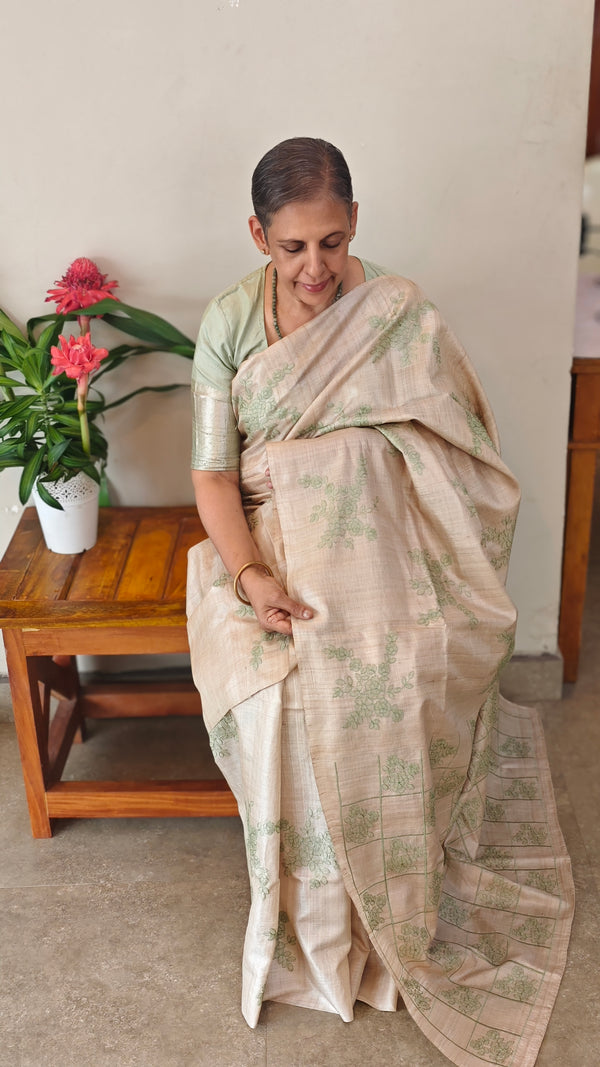 Beige and pista green pure handloom desi tussar silk saree - 692T